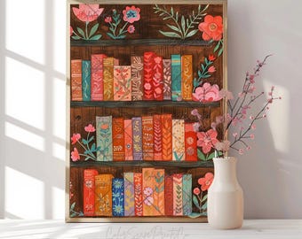Floral Bookshelf Art Print | Colorful Book Stack Painting