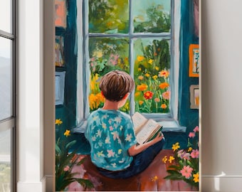 Boho Boy Reading Wall Art Cozy Open Window Scene Printable Reading Nook Decor Spring Reading Soft Aesthetic Kids Room Decor Book Lover Gift