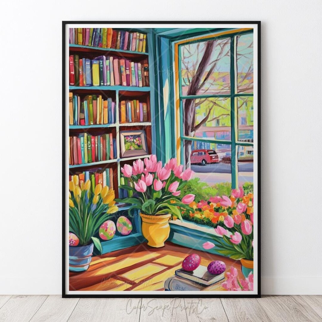 Spring Bookshop Print Bookstore Poster Bookshelf Painting Library Print ...