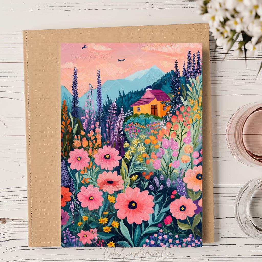 Whimsical Cottage Garden Print Wildflower Mountain Print Cozy