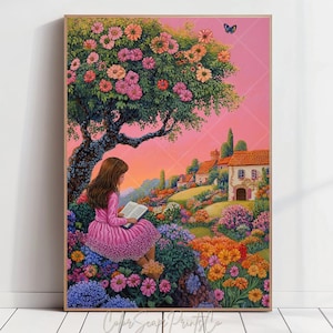 Girl In Garden Print Girl Reading Print Flower Garden Print Whimsical Garden Art Cozy Cottage Print Colorful Flowers Landscape Pink Sunset