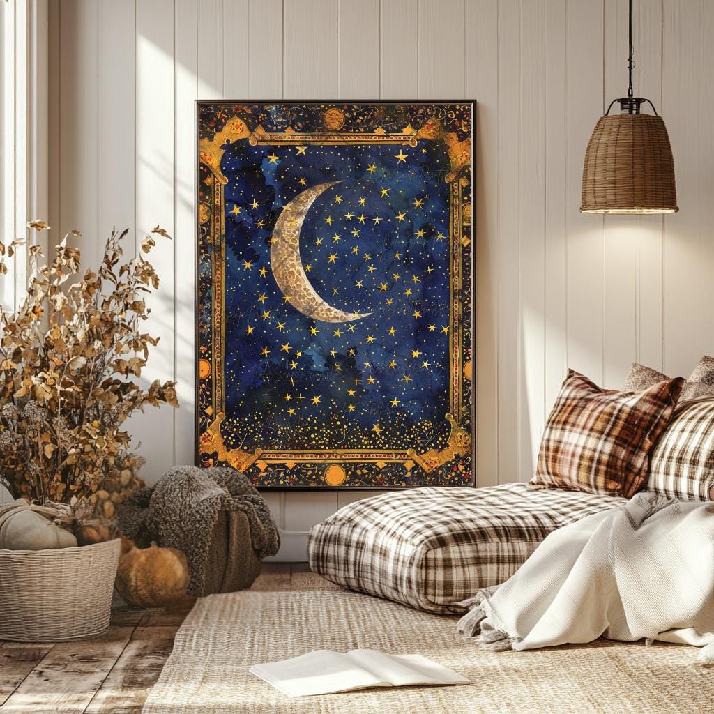 Moon and Stars Wall Art Celestial Painting Starry Night Sky Crescent ...
