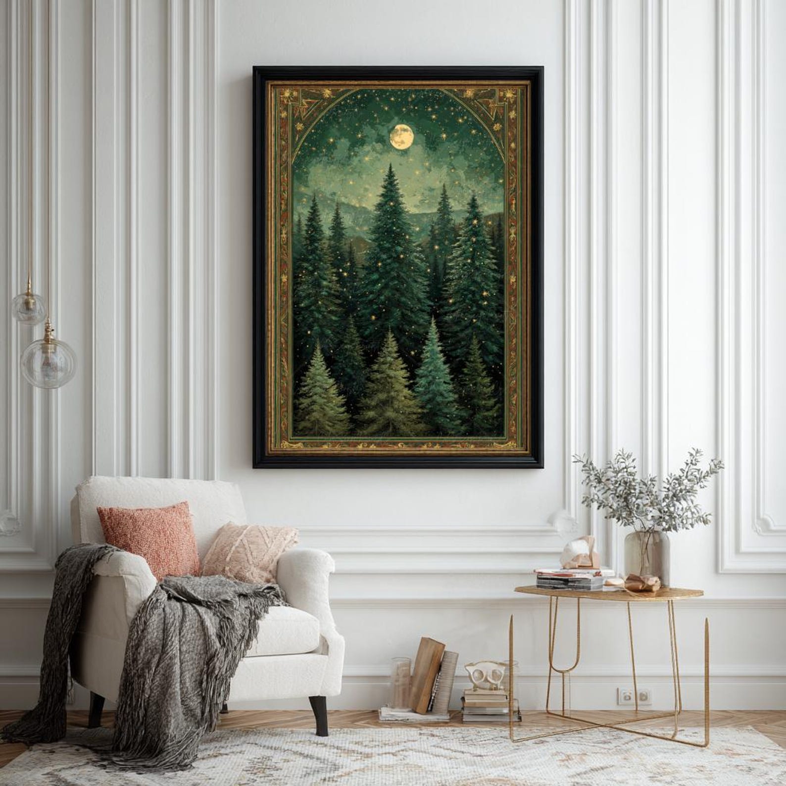 Moon and Stars Wall Art Dark Forest Painting Pine Trees Framed Print ...