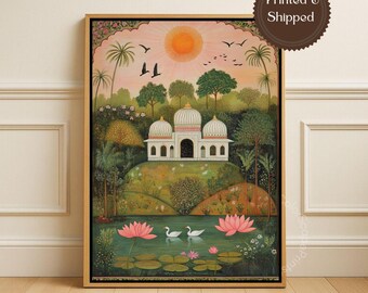 Mughal Garden Canvas Wall Art Lotus Pond Palace Landscape Indian Botanical Painting Pink Green Luxury Framed Canvas Decor