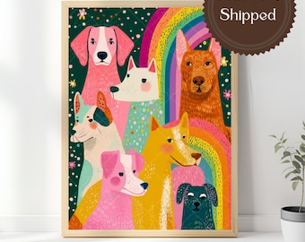 Quadro su tela con cane colorato, simpatico poster di cucciolo arcobaleno per la cameretta dei bambini, stampa artistica di animali fantasiosa, decorazione giocosa per animali domestici, regalo per amanti dei cani