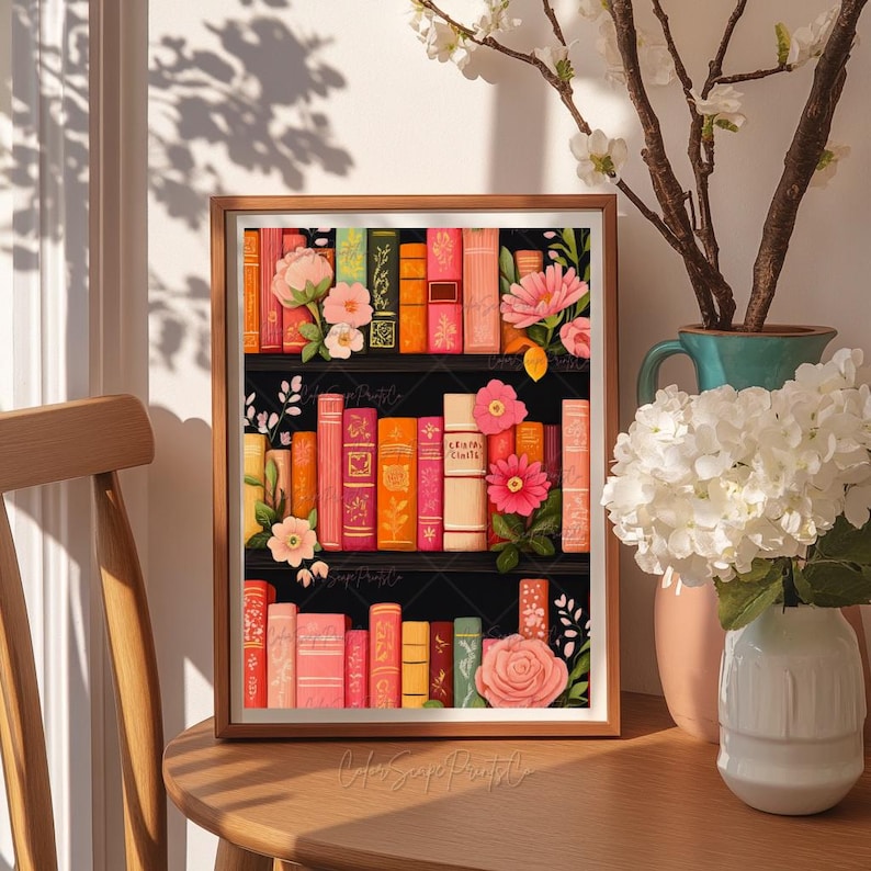 Whimsical Bookshelf Art Print Vintage Book Lover Gift Cozy Reading Nook ...