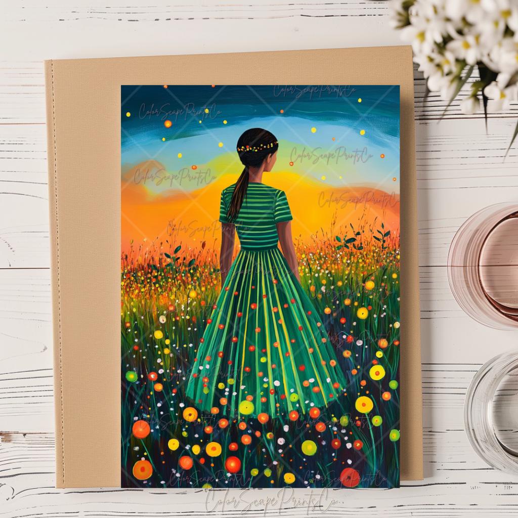 Woman in Wildflower Meadow Print Whimsical Girl Print Abstract