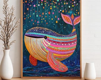 Lámina artística de ballena a rayas de colores: Decoración de pared original para la habitación infantil (Descarga digital)