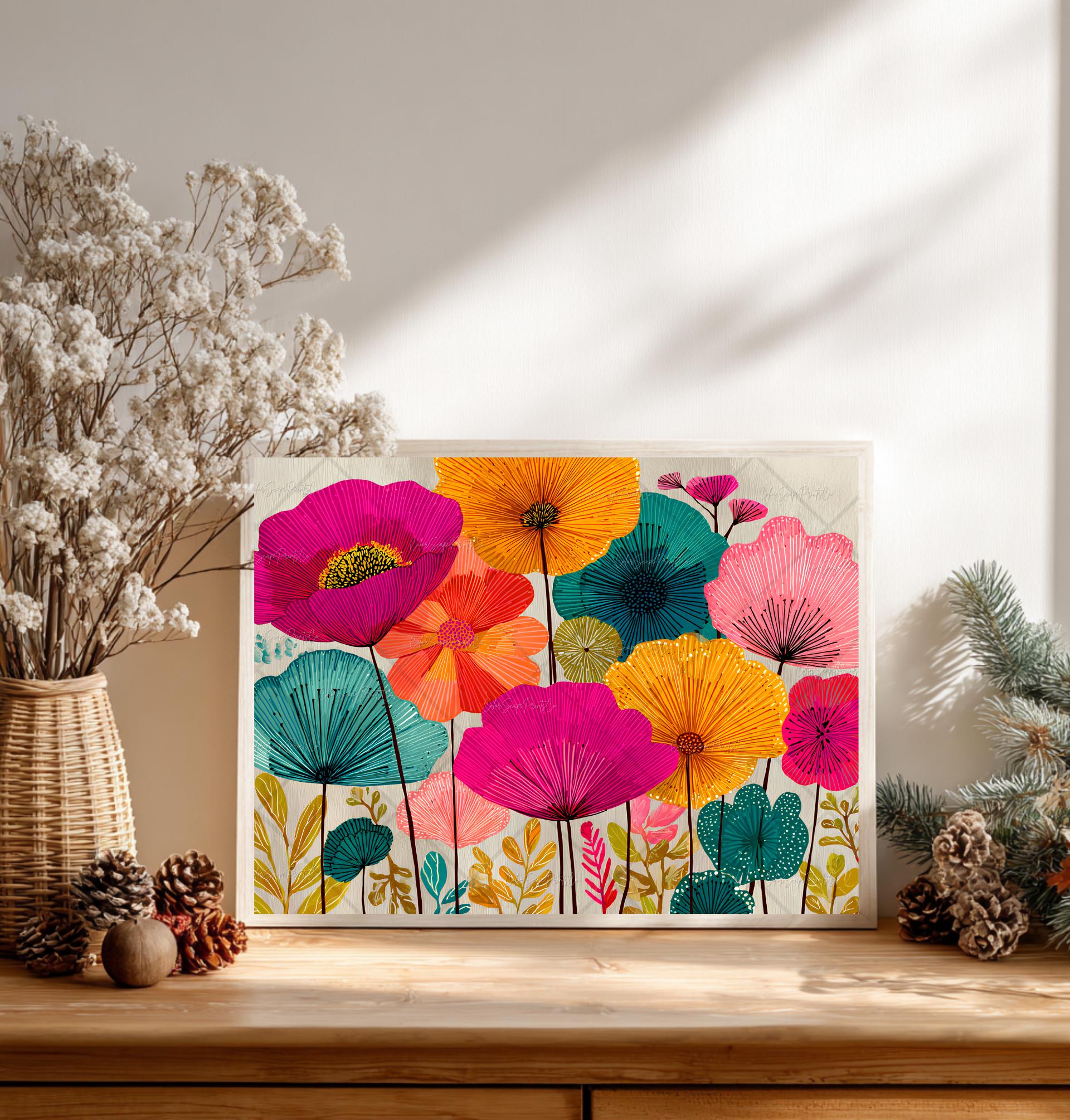 鮮やかな花のアートプリント、モダンな花柄の植物画、印刷可能な