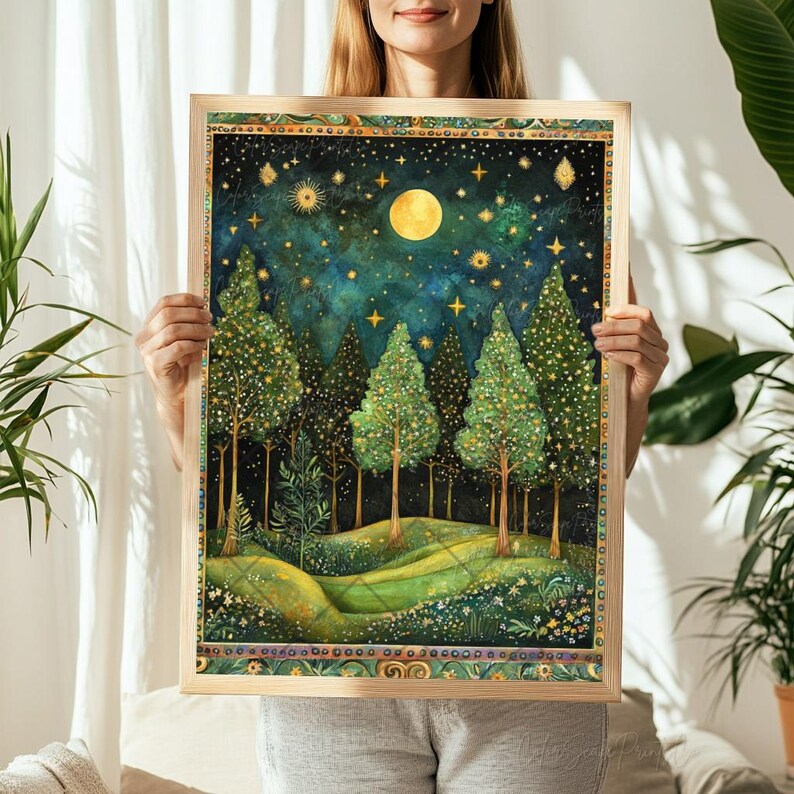 Moonlit Pine Tree Forest Print Moon and Stars Wall Art Dark Forest ...