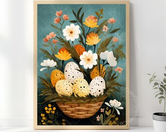 Stampa artistica da parete con uova di Pasqua colorate, poster per cameretta dei bambini di Pasqua, dipinto floreale con nido, decorazione primaverile in stile cottage, decorazione in stile fattoria