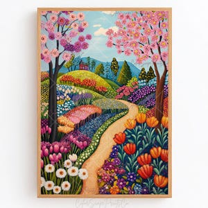 Schöne Frühlings-Blumenlandschaftsmalerei Blühende Bäume Drucken Lebendige Tulpen Drucken Bunte Blumen-Pathway-Druck Botanische Gartenszene