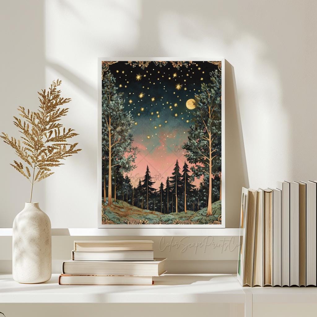 Moon and Stars Wall Art Dark Forest Painting Enchanted Forest Firefly ...
