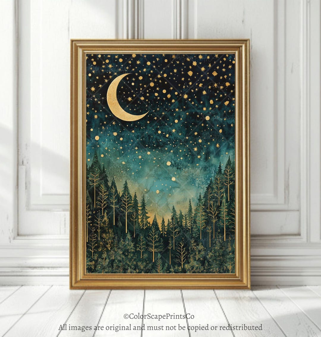 Moon and Stars Wall Art Dark Forest Painting Pine Trees Framed Print ...