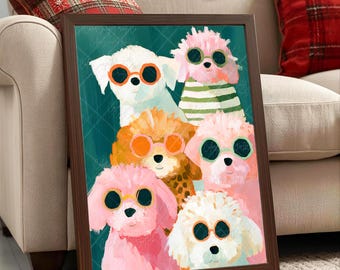 Lustiger Hund Wandkunst Bunter Pastellhund Hunde Malerei Hunde mit Sonnenbrillen Druck Niedlicher Pudel Kunst Retro Tier Tierportrait wunderlich Tierdruck