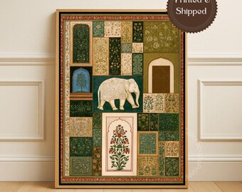 Mughal Botanical Elephant Canvas Wall Art Blue Gold Maximalist Indian Palace Decor Traditional Indian Textile Art Indian Wall Art Print