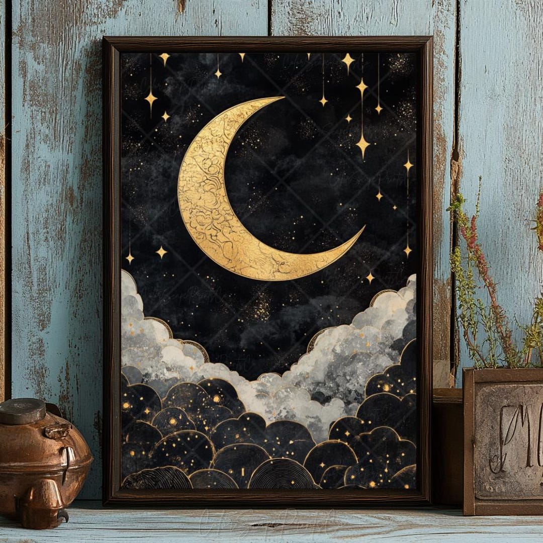 Vintage Celestial Crescent Moon Painting Stars and Moon Wall Art Cloud ...