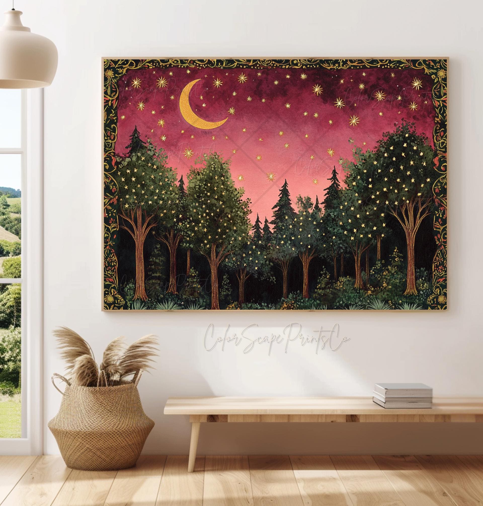 月と星の壁アート 魅惑の森のホタルの絵画 魅惑の夜のアート