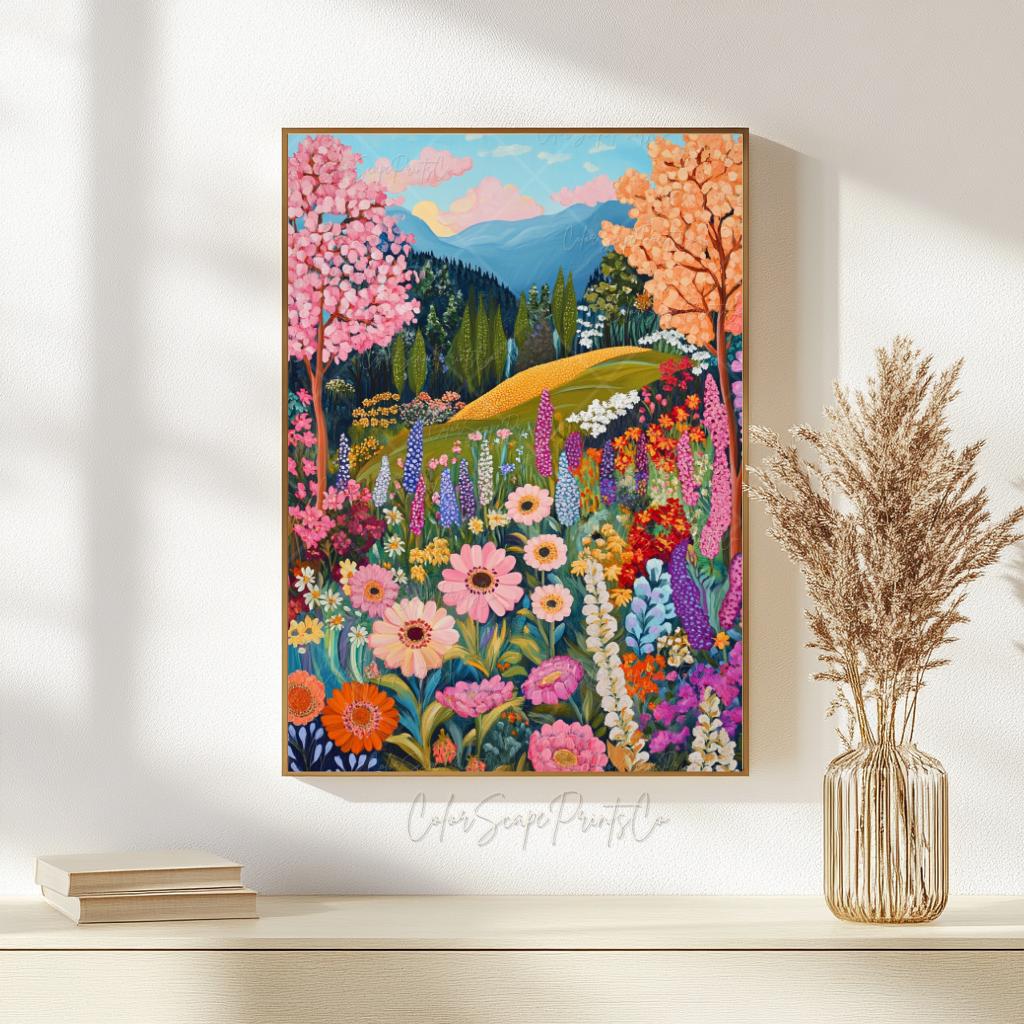 Vibrant Wildflower Landscape Wall Art Whimsical Mountain Garden