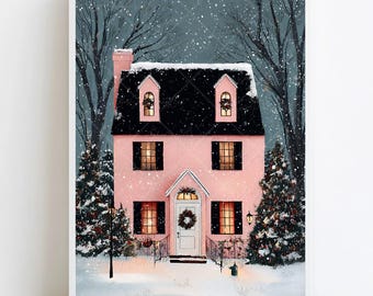 Pink Christmas House Print Winter Village Holiday Houses Decor Christmas Printable Snowy House Print Pink Christmas Wall Art Cozy Winter Art