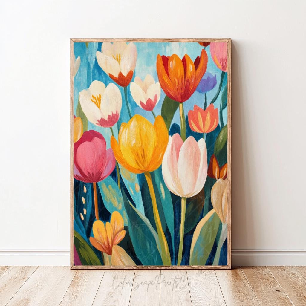 Colorful Spring Flowers Print Tulip Field Print Colorful Flowers Painting Bright Spring Wall Art Flower Garden Cottagecore Botanical Artwork