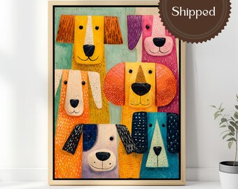 Colorful Dog Wall Art Canvas Cute Funny Puppy Pop Art Print Nursery Playroom Pet Lover Decor Whimsical Animal Painting Retro Dog Portrait