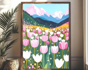 Pink Tulip Field Wall Art Spring Garden Artwork Blooming Flower Field Art Colorful Scenery Print Floral Landscape Print Floral Nature Decor
