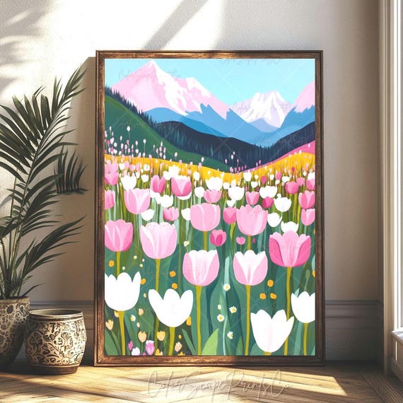 Pink Tulip Field Wall Art Spring Garden Artwork Blooming Flower