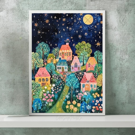 Colorful Houses Print Enchanted Landscape Painting Moonlit Scene