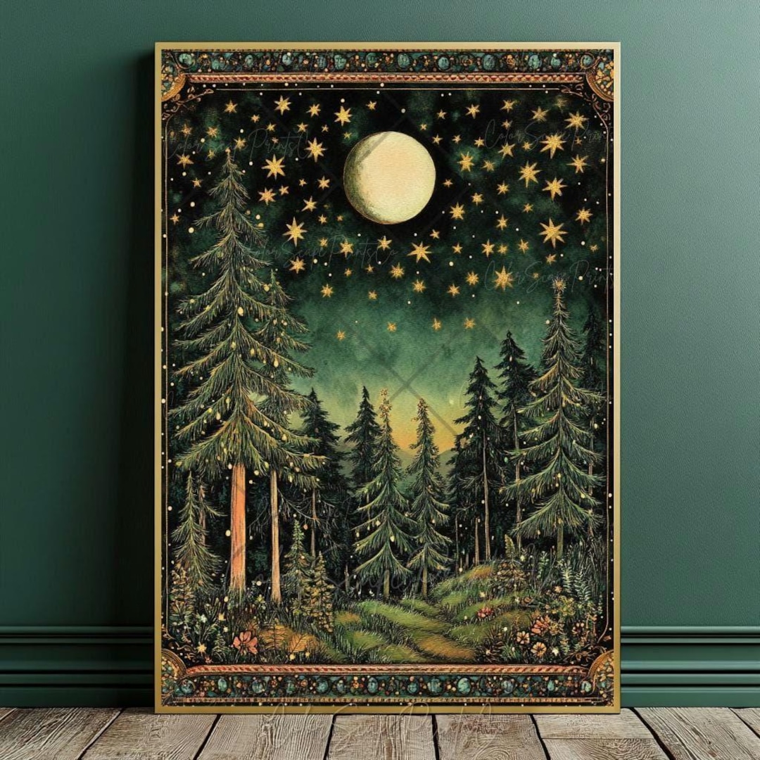 Moon and Stars Wall Art Dark Forest Painting Vintage Landscape Print ...