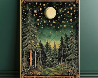 Op de afbeelding: Een vintage-achtige illustratie van een bos scène met een volle maan en sterren in de nachtelijke hemel. De bomen zijn donkergroen en de maan is lichtgeel. De illustratie is ingelijst in een gouden lijst met een decoratieve rand.