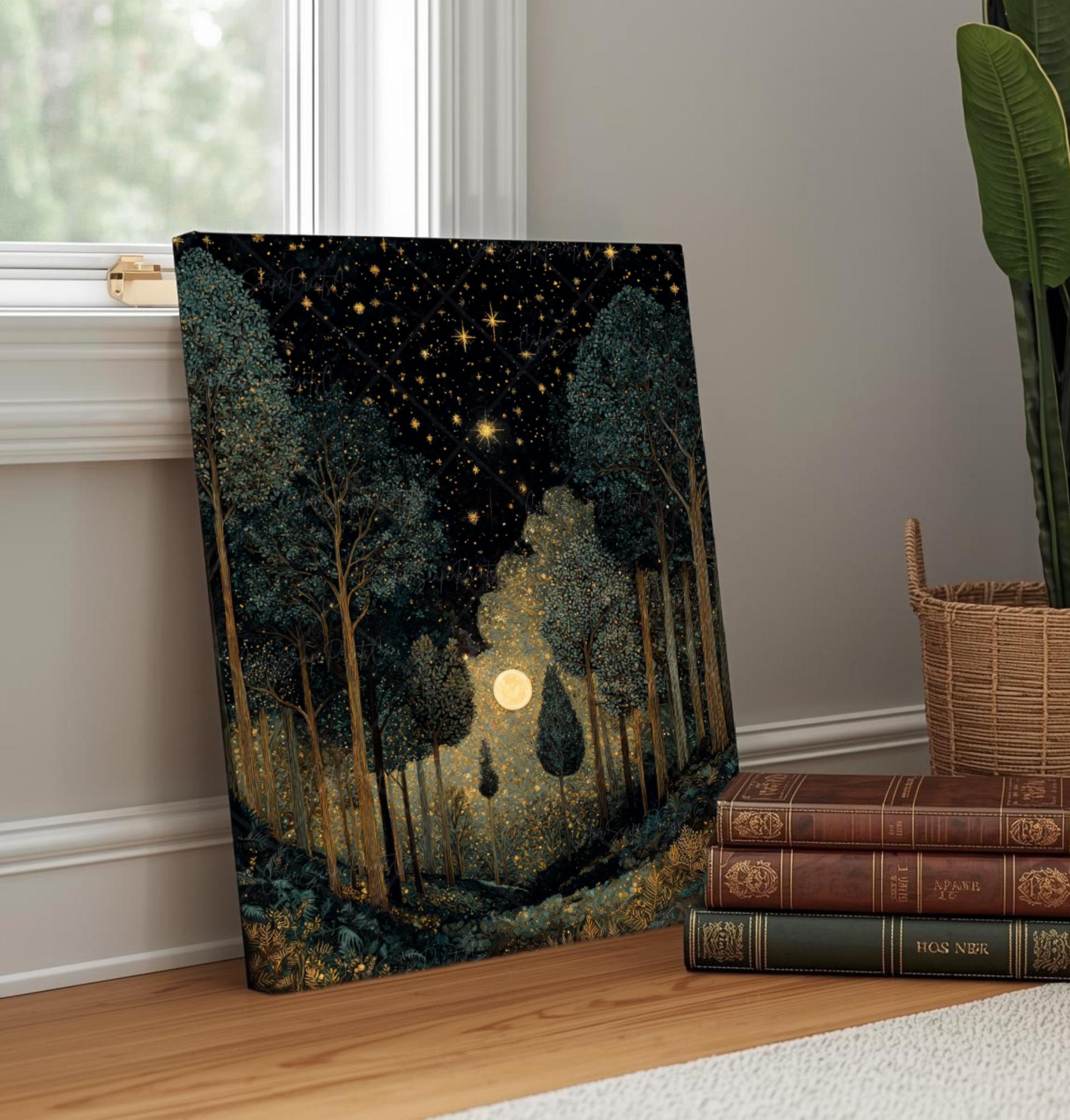 Dark Forest Wall Art Print William Morris Inspired Moon and Stars Night ...