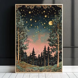 Może przedstawiać: Cyfrowy obraz przedstawiający nocną scenę leśną z pełnią księżyca i gwiazdami na niebie. Drzewa są ciemnozielone, a niebo ma gradient od niebieskiego, przez r&oacute;żowy, do fioletowego.