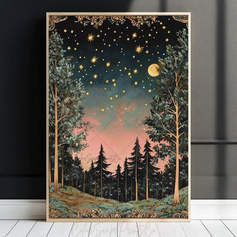 Może przedstawiać: Cyfrowy obraz przedstawiający nocną scenę leśną z pełnią księżyca i gwiazdami na niebie. Drzewa są ciemnozielone, a niebo ma gradient od niebieskiego, przez r&oacute;żowy, do fioletowego.