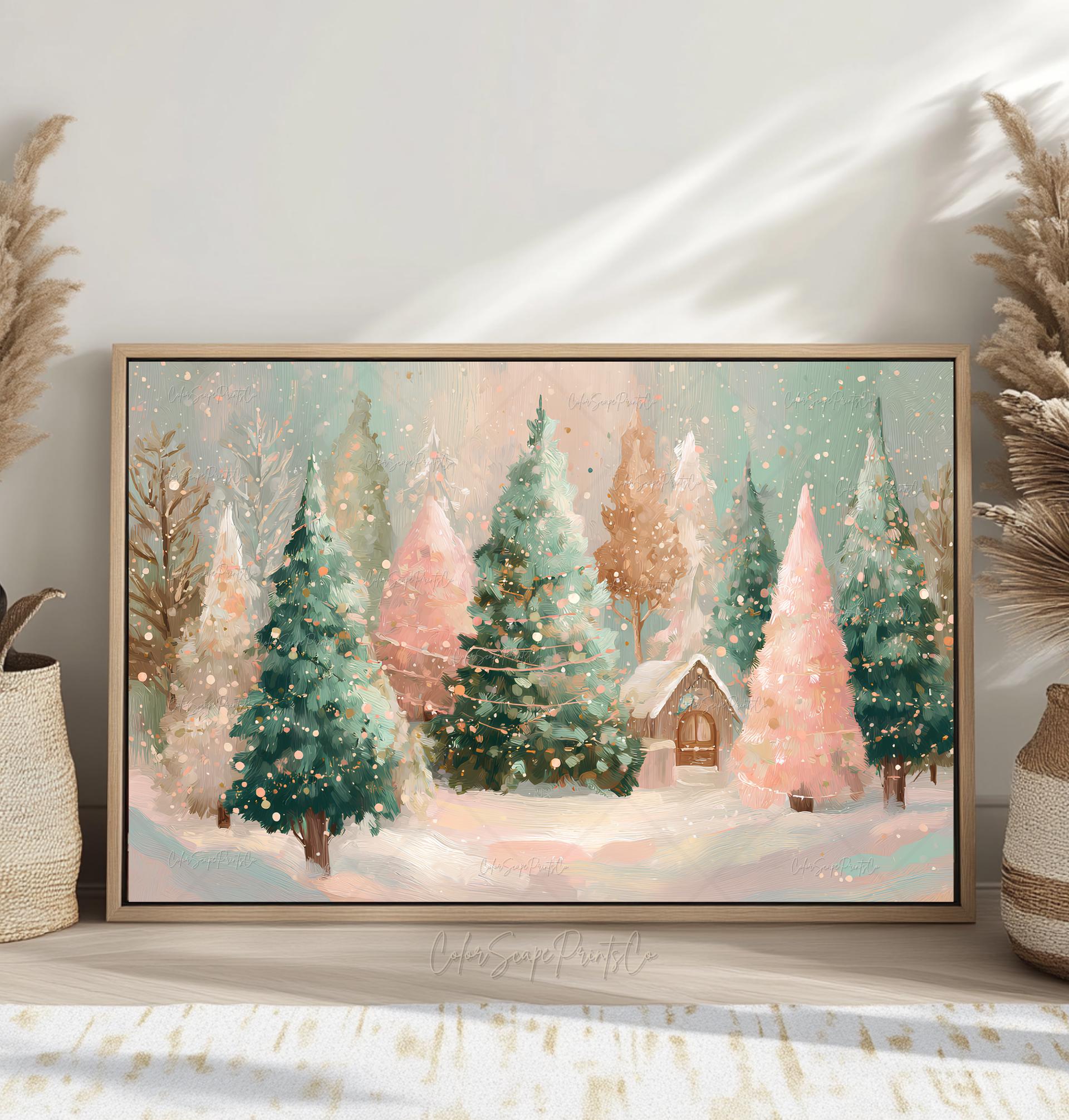 パステルカラーの冬のキャビンの森の絵画、クリスマスの壁アート、雪景