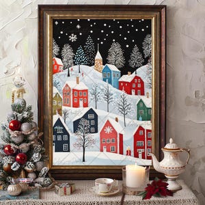 Christmas Village Print Winter Village Art Christmas Painting Winter Folk Art Painting Winter Landscape Christmas Art Colorful Winter Scene