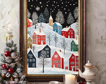Christmas Village Print Winter Village Art Christmas Painting Winter Folk Art Painting Winter Landscape Christmas Art Colorful Winter Scene