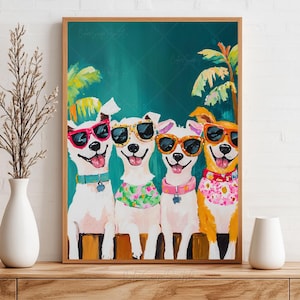Funny Dog Wall Art Whimsical Dog Illustration Cool Dogs in Sunglass Print Colorful Dog Digital Download Tropical Summer Vibes Pet Lover Gift