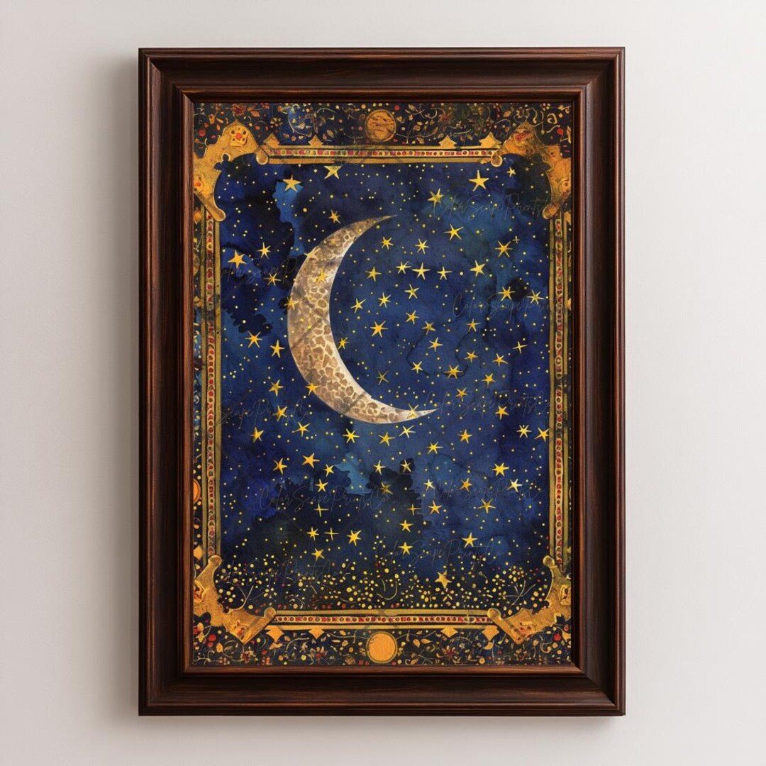 Moon and Stars Wall Art Celestial Painting Starry Night Sky Crescent ...