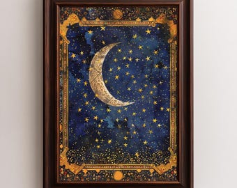 Mond und Sterne Wandbild Himmlische Malerei Sternenhimmel Mondsichel Poster Mystisch Midnight Vintage Night Wall Art Dark Academia Art