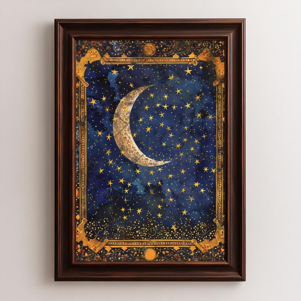 Moon and Stars Wall Art Celestial Painting Starry Night Sky Crescent ...
