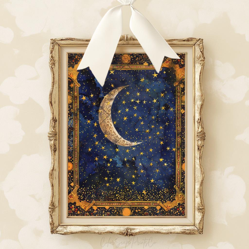 Moon and Stars Wall Art Celestial Painting Starry Night Sky Crescent ...