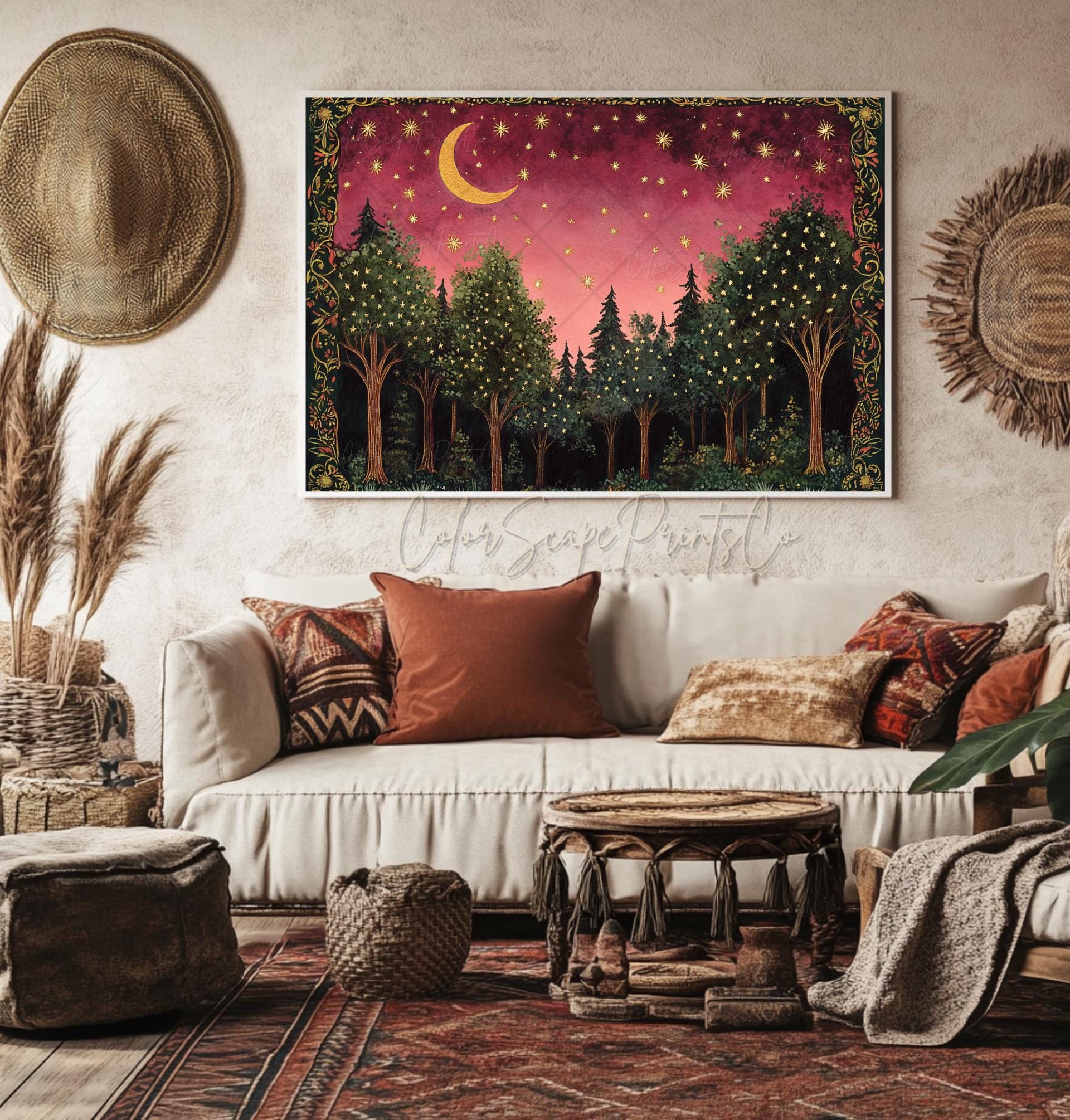 月と星の壁アート 魅惑の森のホタルの絵画 魅惑の夜のアート