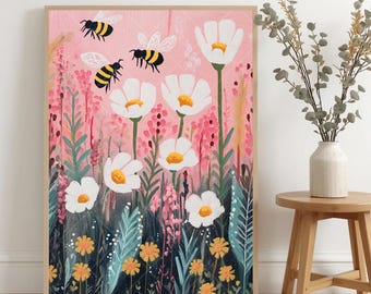 Stampa di api e fiori rosa, Cottagecore Nursery Art (download digitale)