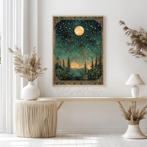 Moon and Stars Wall Art Dark Forest Painting Enchanted Forest Decor ...