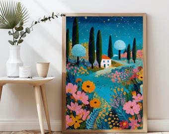Whimsical Garden Wall Art Print Bright Colorful Garden Poster Starry Sky Night Landscape Art Cozy House Art Cottagecore Wildflower Aesthetic