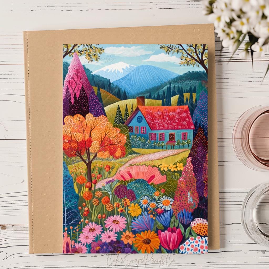 カラフルな庭の絵画、明るい野生の花の風景、鮮やかな風景画、春の植物