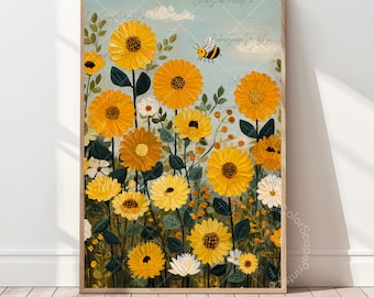 Stampa di api e fiori, ape che dipinge fiori primaverili, giardino botanico, vivaio, arte murale (download digitale)
