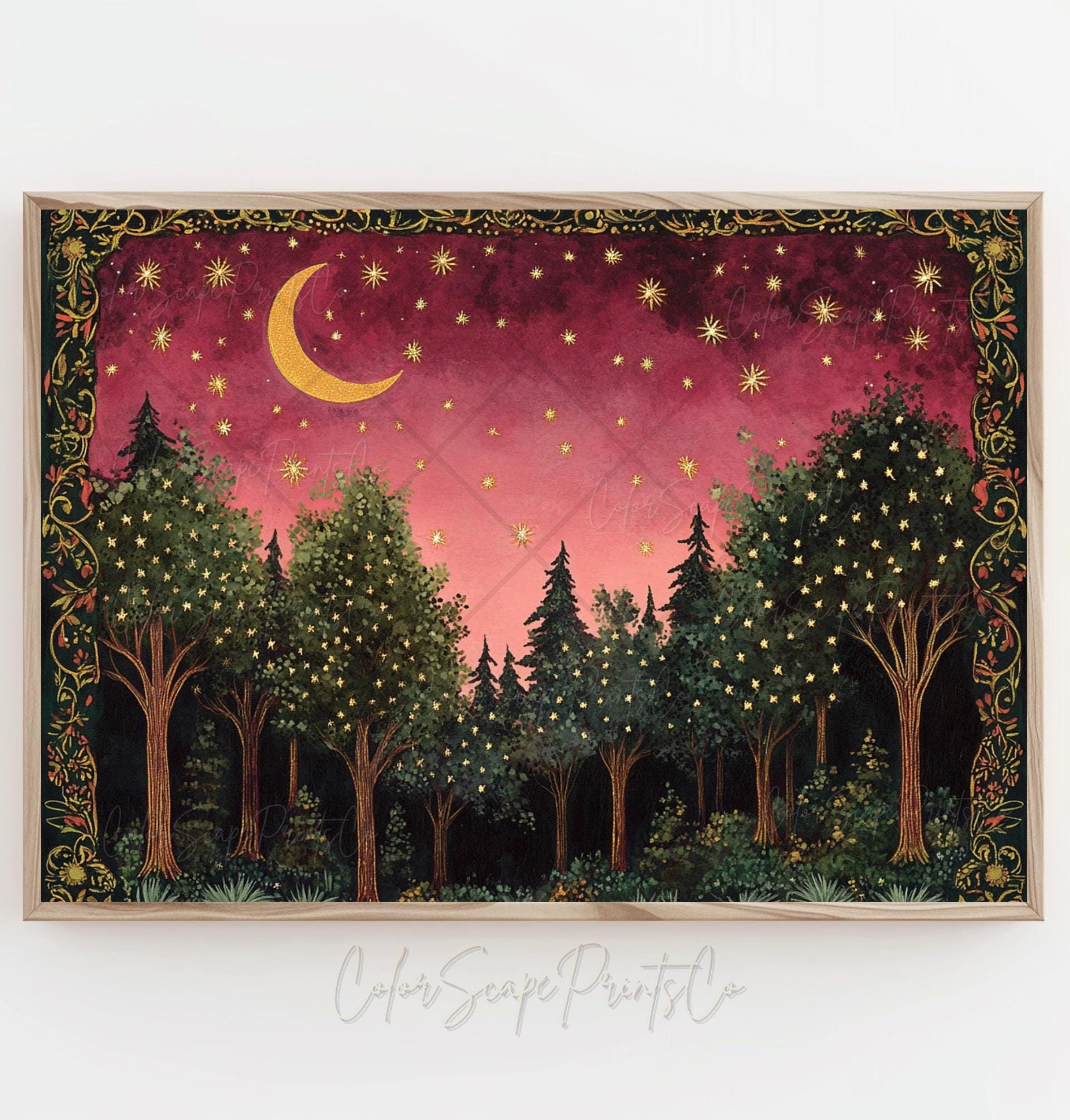 月と星の壁アート 魅惑の森のホタルの絵画 魅惑の夜のアート