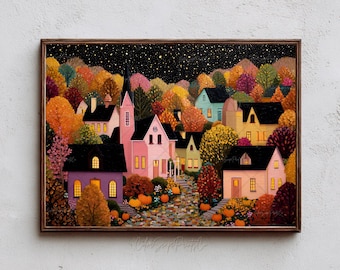 May include: A framed painting depicts a quaint village scene in autumn. Colorful houses with lit windows are nestled among trees with vibrant orange, yellow, and red foliage. Pumpkins line the cobblestone path, and a starry night sky is above.